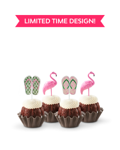 Limited Time Design! Paradise Bundtinis in Chocolate Chocolate Chip with Flamingos and Flip Flop Sandals Toppers