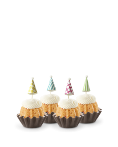 Dozen Strawberries & Cream Bundtinis with patterned celebration hat toppers