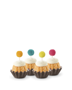 Dozen Strawberries & Cream Bundtinis with orange, blue, yellow, and pink confetti pom pom toppers