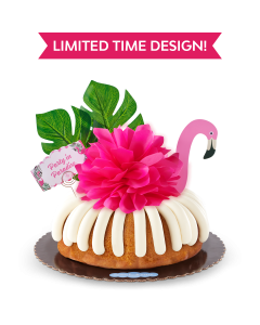 Classic Vanilla Party in Paradise decorated with a Flamingo, tropical leaves and hot pink bow