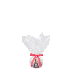 Personal size bundt cake, packaged in a plastic container and gift-wrapped in cellophane. 