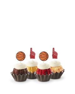 Mini bundt cakes topped with frosting in assorted flavors with a basketball topper and a #1 foam finger.
