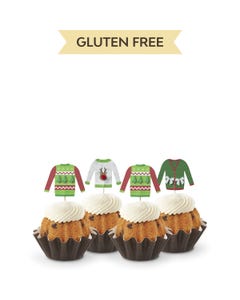 Each Gluten Free Chocolate Chip Cookie Bundtini® is adorned with a festive holiday topper made up of different ugly Christmas sweaters. 