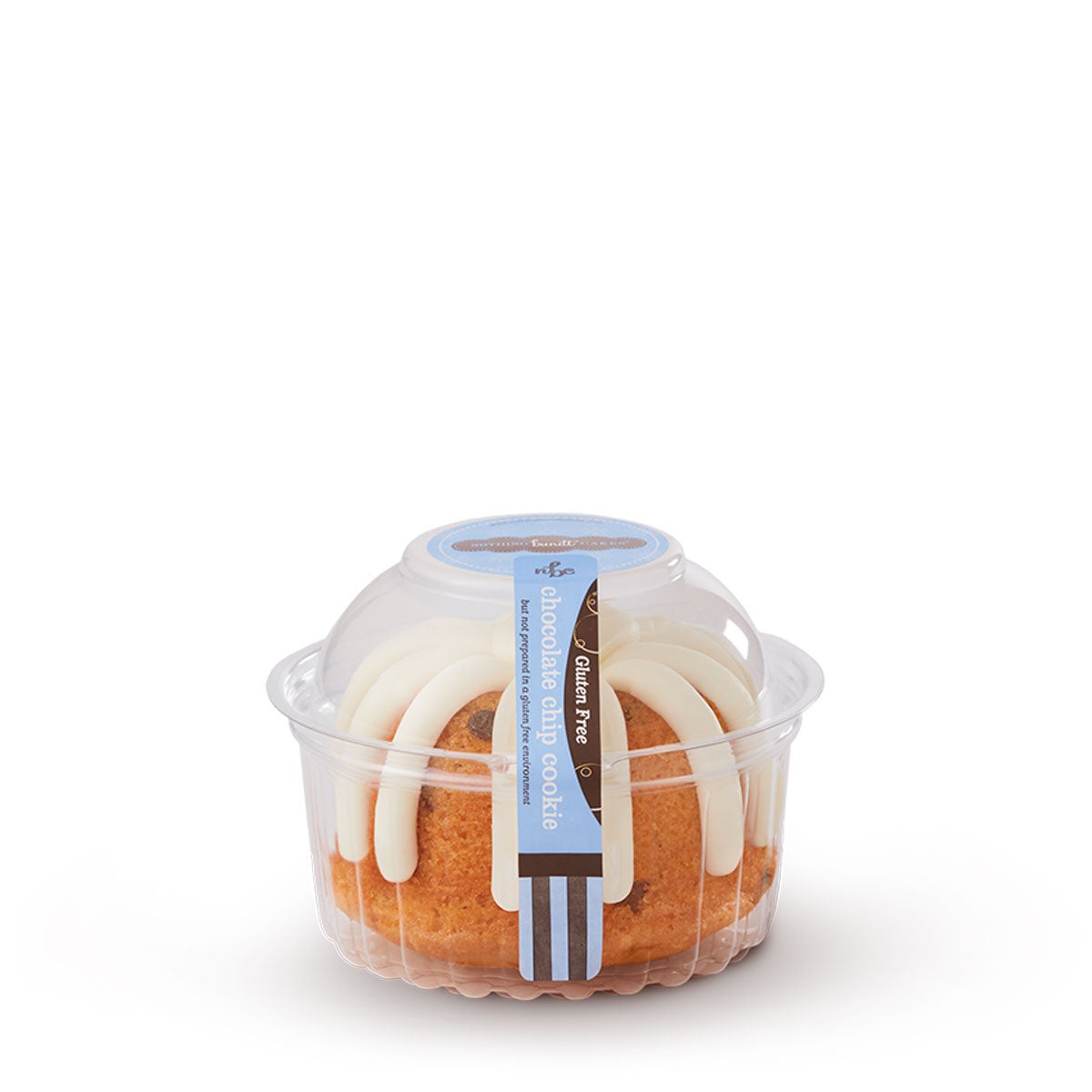 Personal size Gluten-Free Chocolate Chip Cookie bundt cake, packaged in a plastic container. 