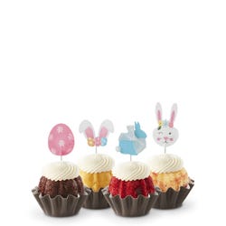 Easter-themed mini Bundt cakes with festive bunny and egg toppers, showcasing a variety of flavors and designs.