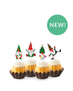 New! Lemon Holiday Gnome Bundtinis® topped with frosting and decorated with Christmas themed gnomes.