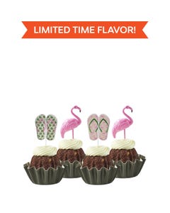 Limited Time flavor! Mini bundt cakes decorated with a topper: from left to right, there's a pair of green tropical flip-flops, a pink flamingo, another pair of pink flip-flops with green straps, and another pink flamingo.