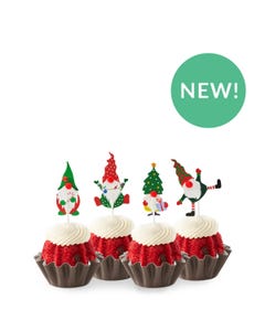 New! Red Velvet Holiday Gnome Bundtinis® topped with frosting and decorated with Christmas themed gnomes.
