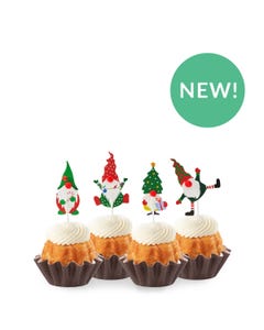New! Snickerdoodle Holiday Gnome Bundtinis® topped with frosting and decorated with Christmas themed gnomes.