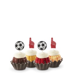 Mini bundt cakes topped with frosting in assorted flavors with a soccer ball topper and a #1 foam finger.