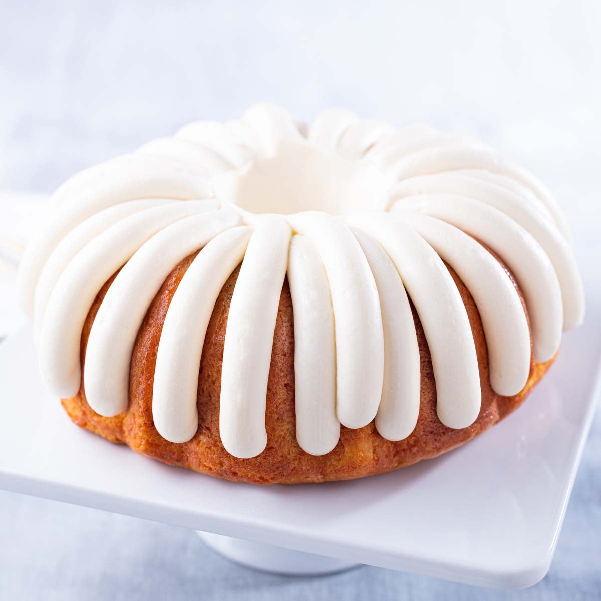 Bundt cake with signature frosting, chocolate chip flavor