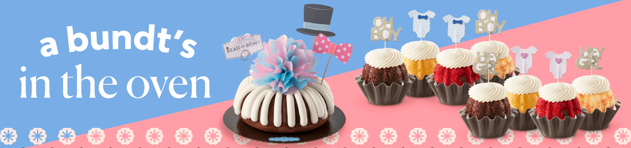 a bundt's in the oven featuring Baby Gender Reveal Bundt Cake, Oh Boy Bundtinis and Hey Girl Bundtinis