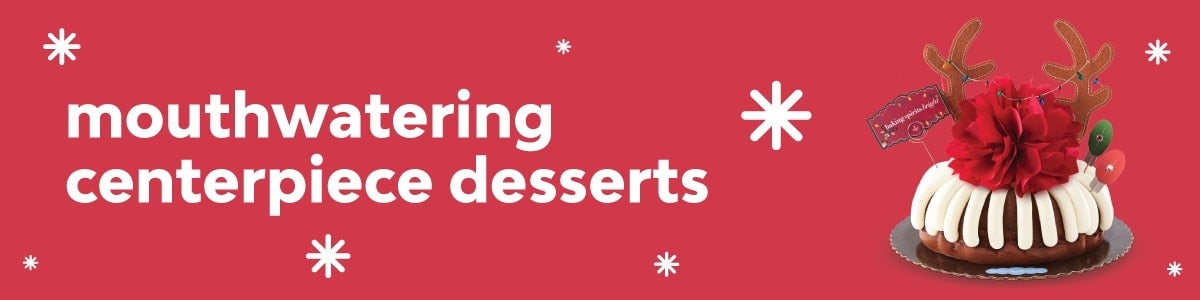 mouthwatering centerpiece desserts. featuring merry and bright bundt cake decorated with a poinsettia flower with gold accent