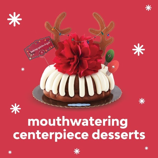 mouthwatering centerpiece desserts. featuring merry and bright bundt cake decorated with a poinsettia flower with gold accent 