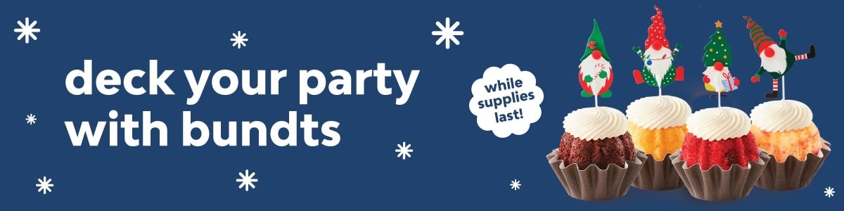 deck your party with bundts. featuring holiday gnomes bundtinis decorated with dancing papercut gnomes