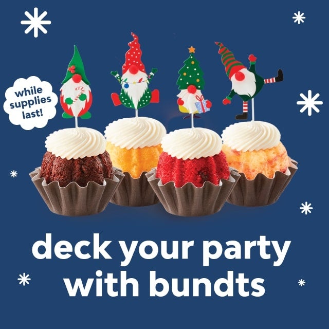 deck your party with bundts. featuring holiday gnomes bundtinis decorated with dancing papercut gnomes 