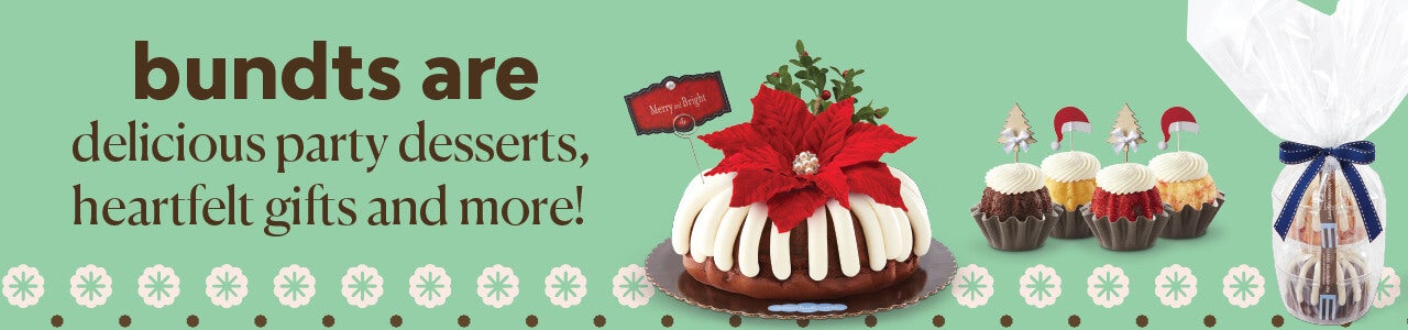 bundts are delicious party desserts, heartfelt gifts and more! featuring Merry and Bright Bundt Cake, Double bundtlet tower, and Christmas Trees & Hats Bundtinis