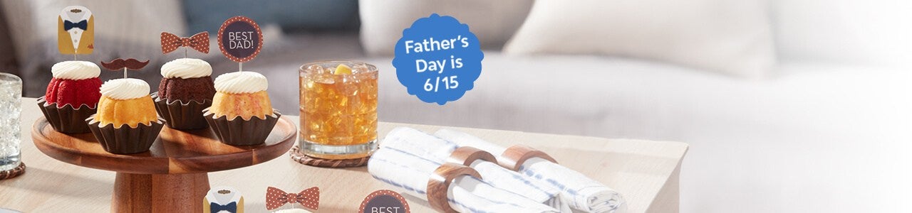 Coffee table featuring Best Dad Bundtinis. Father's Day is 6/15.