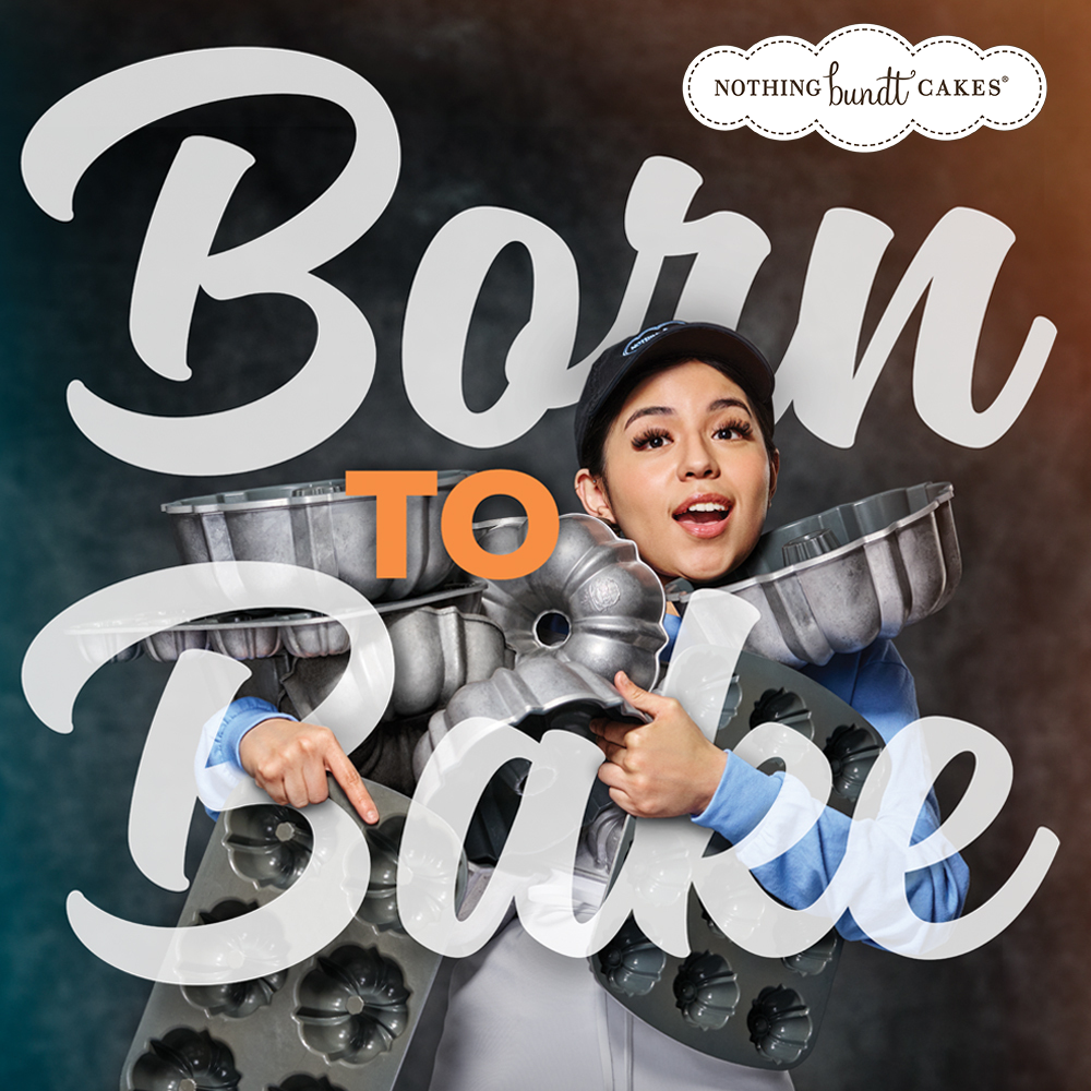 Born to Bake text - Image with girl holding bundt cake pans and smiling.