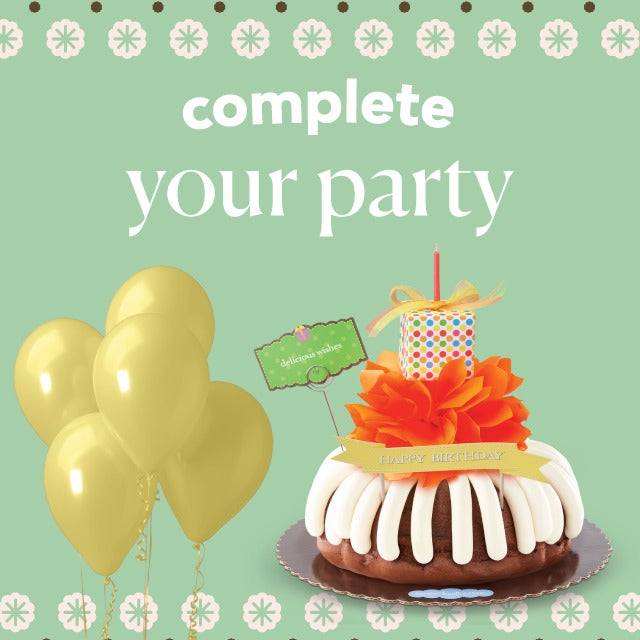 Complete your party featuring Delicious Wishes Bundt Cake Yellow 5 Balloon Bouquet