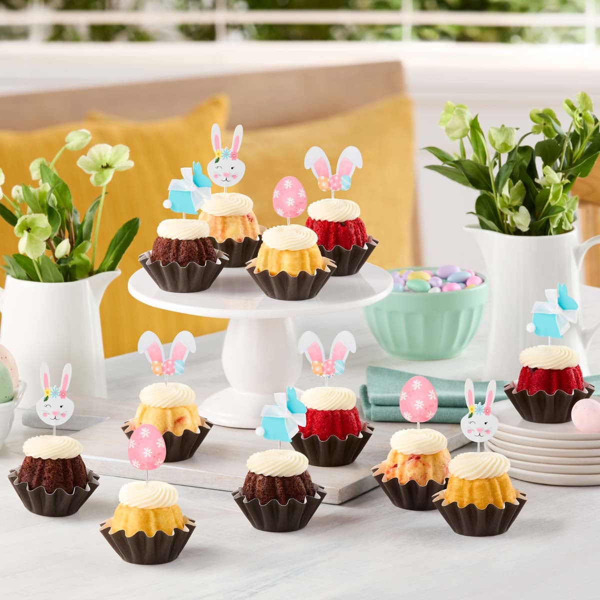 Assorted Bundtinis with bunny and egg decorative toppers