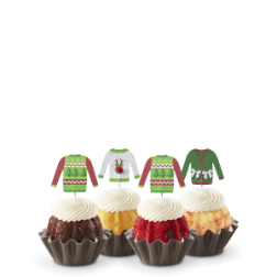 Ugly Sweaters Bundtinis decorated with papercut images of ugly green, red and white christmas sweaters - Shop Now